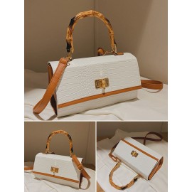 Women Vintage Faux Leather Alligator Color Matching Handbag Shoulder Bag