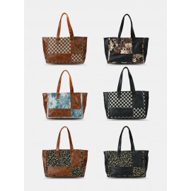 Vintage Delicate Printing Patchwork Handbag Faux Leather Large Capacity Tote Shopping Bag