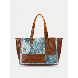 Vintage Delicate Printing Patchwork Handbag Faux Leather Large Capacity Tote Shopping Bag