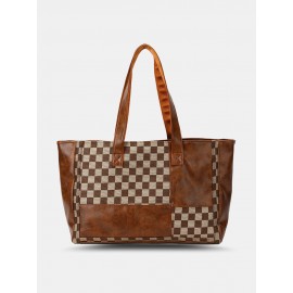 Vintage Delicate Printing Patchwork Handbag Faux Leather Large Capacity Tote Shopping Bag
