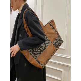 Vintage Delicate Printing Patchwork Handbag Faux Leather Large Capacity Tote Shopping Bag