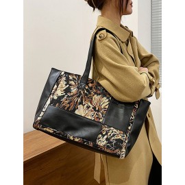 Vintage Delicate Printing Patchwork Handbag Faux Leather Large Capacity Tote Shopping Bag