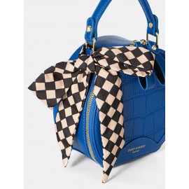 Trendy Klein Blue Stone Pattern Handbag Faux Leather Rivet Round Silk Scarves Decoration Crossbody bag