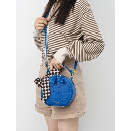 Trendy Klein Blue Stone Pattern Handbag Faux Leather Rivet Round Silk Scarves Decoration Crossbody bag
