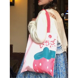 Women Canvas Cute Large Capacity Print Strawberry Pattern Handbag Tote