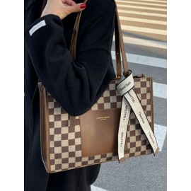 Vintage 2 PCS Lattice Pattern Bowknot Handbag Faux Leather Large Capacity Shoulder Bag Weekend Bag