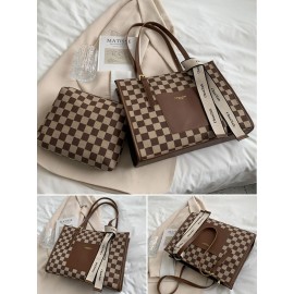 Vintage 2 PCS Lattice Pattern Bowknot Handbag Faux Leather Large Capacity Shoulder Bag Weekend Bag