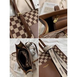Vintage 2 PCS Lattice Pattern Bowknot Handbag Faux Leather Large Capacity Shoulder Bag Weekend Bag