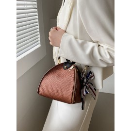 Women Straw Casual Weave Beautiful Silk Scarf Solid Color Crossbody Bag Handbag