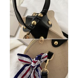 Women Straw Casual Weave Beautiful Silk Scarf Solid Color Crossbody Bag Handbag