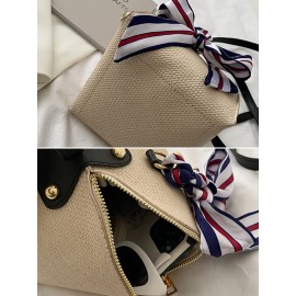 Women Straw Casual Weave Beautiful Silk Scarf Solid Color Crossbody Bag Handbag