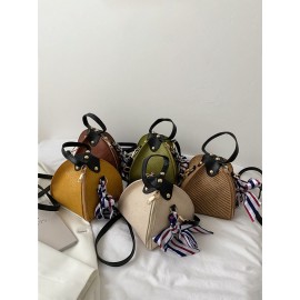 Women Straw Casual Weave Beautiful Silk Scarf Solid Color Crossbody Bag Handbag