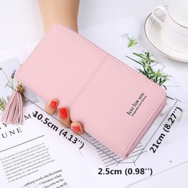 Women Faux Leather Long Phone Purse 8 Card Slot Wallet Tassel Multi-function Coin Bag