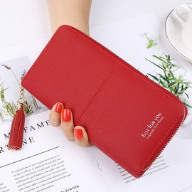 Women Faux Leather Long Phone Purse 8 Card Slot Wallet Tassel Multi-function Coin Bag