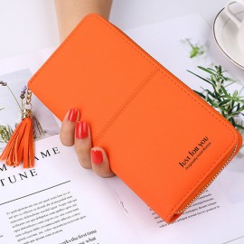 Women Faux Leather Long Phone Purse 8 Card Slot Wallet Tassel Multi-function Coin Bag