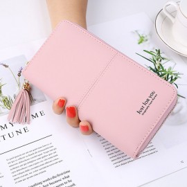 Women Faux Leather Long Phone Purse 8 Card Slot Wallet Tassel Multi-function Coin Bag
