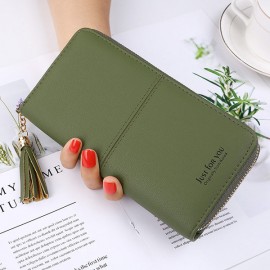 Women Faux Leather Long Phone Purse 8 Card Slot Wallet Tassel Multi-function Coin Bag
