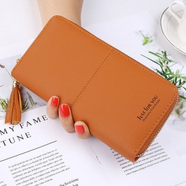 Women Faux Leather Long Phone Purse 8 Card Slot Wallet Tassel Multi-function Coin Bag
