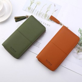 Women Faux Leather Long Phone Purse 8 Card Slot Wallet Tassel Multi-function Coin Bag