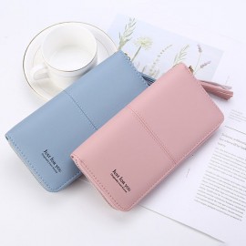 Women Faux Leather Long Phone Purse 8 Card Slot Wallet Tassel Multi-function Coin Bag