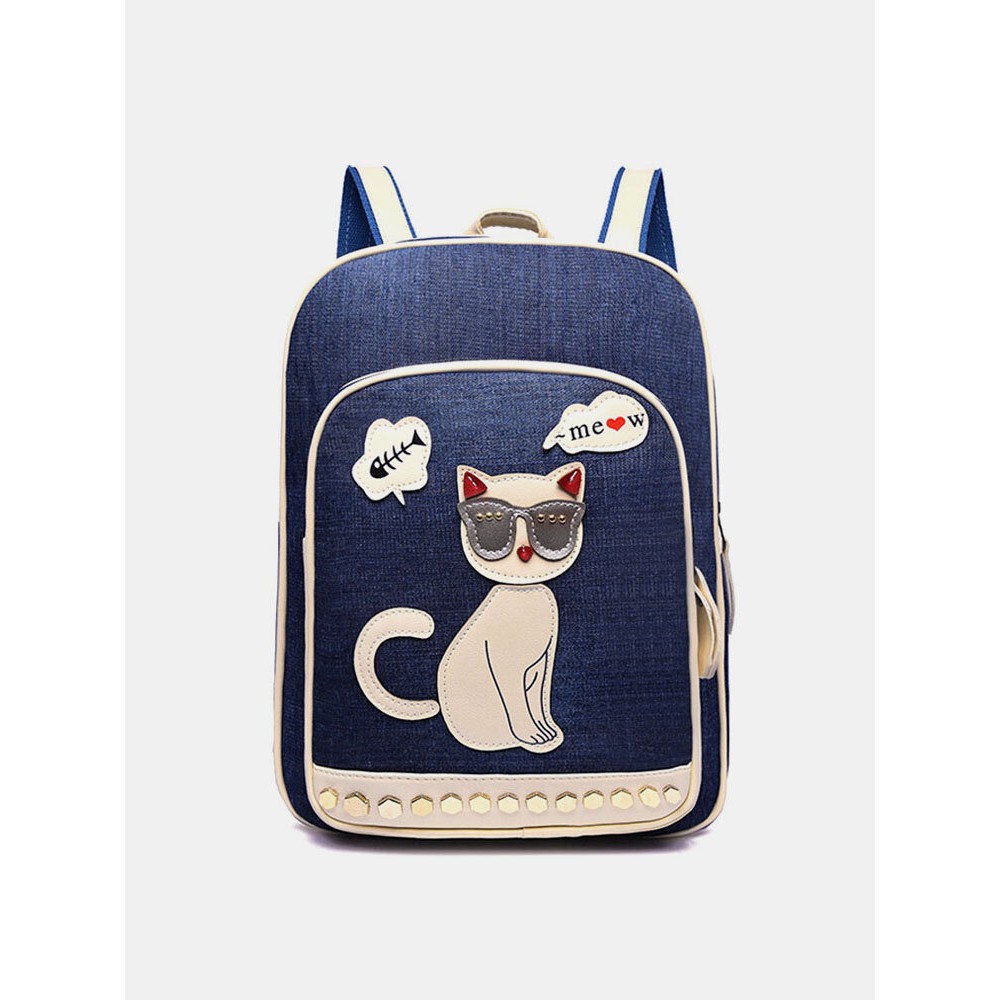 Women Canvas Cute Cat Print Patchwork Casual Backpack School Bag
