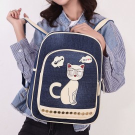 Women Canvas Cute Cat Print Patchwork Casual Backpack School Bag