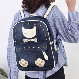 Women Canvas Cute Cat Print Patchwork Casual Backpack School Bag