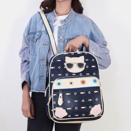 Women Canvas Cute Cat Print Patchwork Casual Backpack School Bag