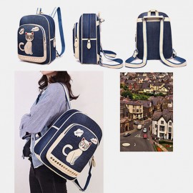 Women Canvas Cute Cat Print Patchwork Casual Backpack School Bag
