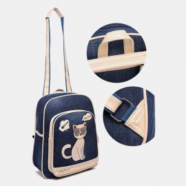 Women Canvas Cute Cat Print Patchwork Casual Backpack School Bag