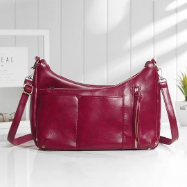 Women Multi-pockets Solid Wax Oil Skin Shoulder Bag