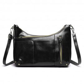 Women Multi-pockets Solid Wax Oil Skin Shoulder Bag