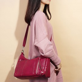 Women Multi-pockets Solid Wax Oil Skin Shoulder Bag