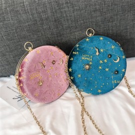 Women Round Clip Embossed Crossbody Bag Chain PU Leather Shoulder Bag