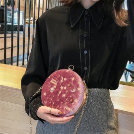 Women Round Clip Embossed Crossbody Bag Chain PU Leather Shoulder Bag