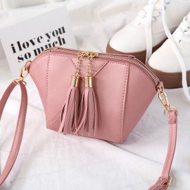 Women Mini Tassel Phone Bag Shell Solid Leisure Crossbody Bag