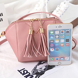 Women Mini Tassel Phone Bag Shell Solid Leisure Crossbody Bag