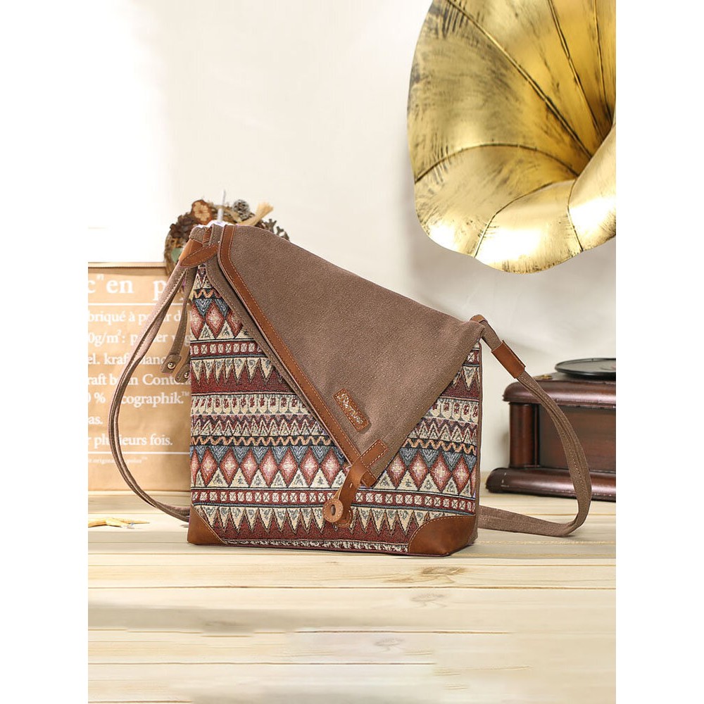 Brenice National Printing Canvas Shoulder Bags Vintage Bohemia Button Crossbody Bags