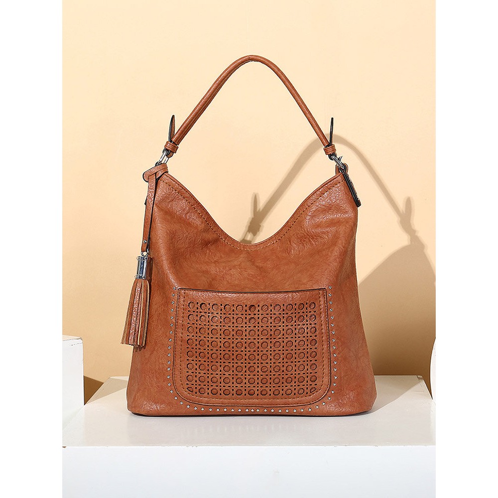 Women Laser Cut Bag Tassel Rivet Tote Bag