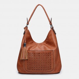 Women Laser Cut Bag Tassel Rivet Tote Bag