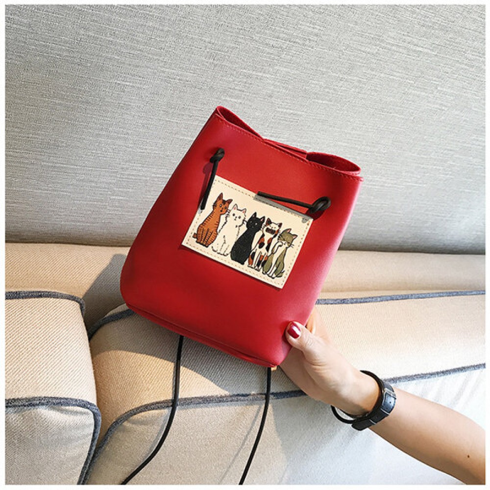 Women Cute Cat Pattern Bucket Bag PU Leather Mini Crossbody Bag