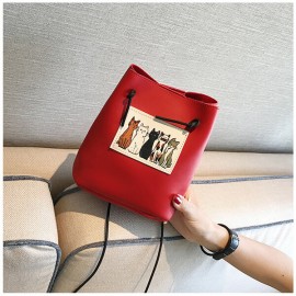 Women Cute Cat Pattern Bucket Bag PU Leather Mini Crossbody Bag