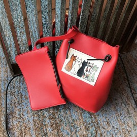 Women Cute Cat Pattern Bucket Bag PU Leather Mini Crossbody Bag