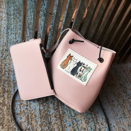 Women Cute Cat Pattern Bucket Bag PU Leather Mini Crossbody Bag
