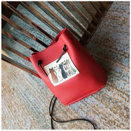 Women Cute Cat Pattern Bucket Bag PU Leather Mini Crossbody Bag
