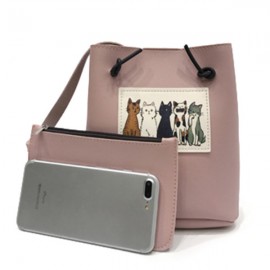 Women Cute Cat Pattern Bucket Bag PU Leather Mini Crossbody Bag