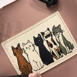 Women Cute Cat Pattern Bucket Bag PU Leather Mini Crossbody Bag