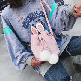 Women Cute Rabbit Fluffy Bucket Bag String Crossbody Bag
