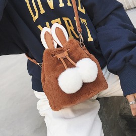 Women Cute Rabbit Fluffy Bucket Bag String Crossbody Bag